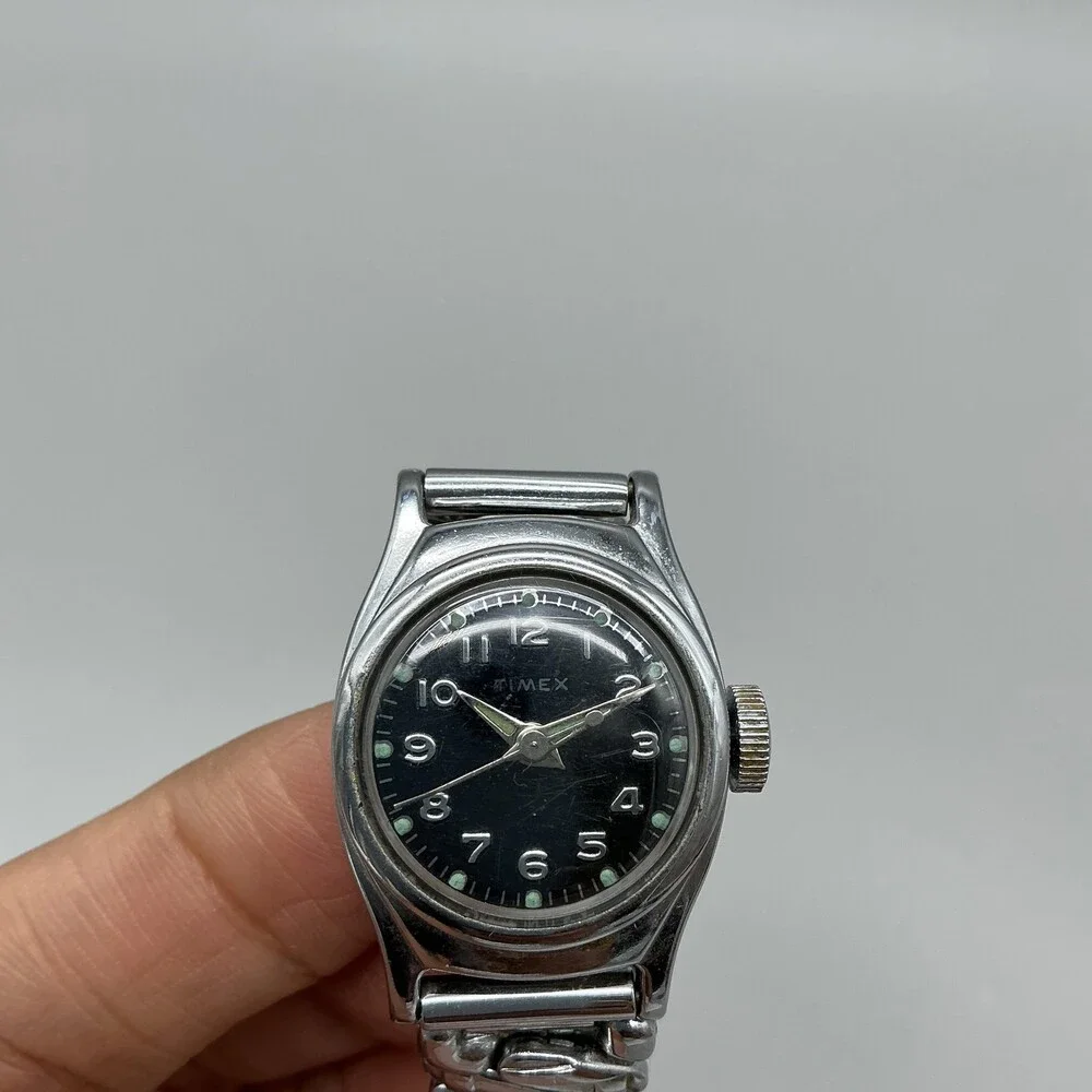 Vintage Timex 1960's Womens Watch 23mm Black Dial Stainless Stretch Band Manual